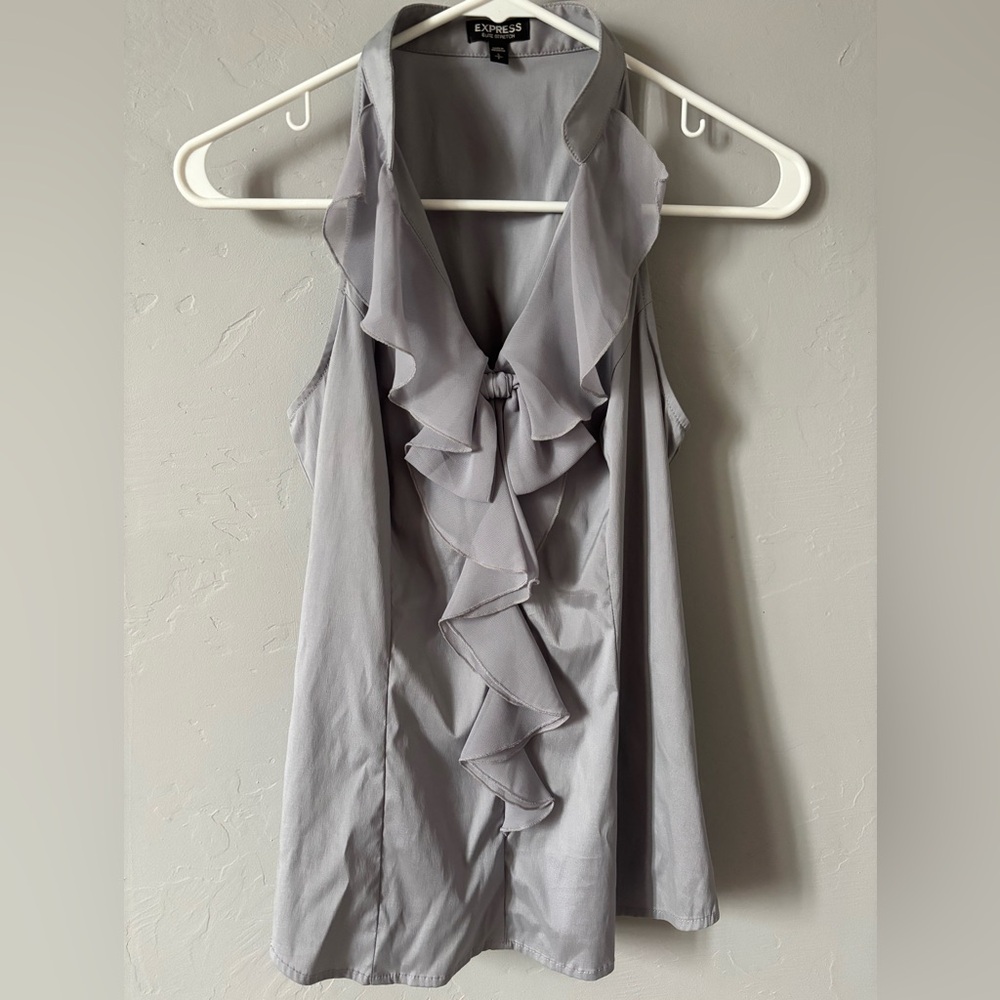Express Portofino Ruffle Tie-Front Elite Stretch Gray Top